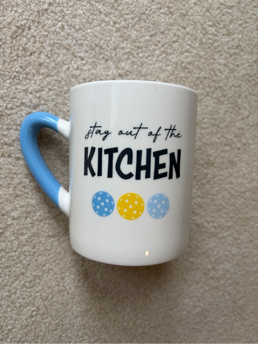 Pickleball Stay Out of the Kitchen Ceramic Mug - White with Blue Handle